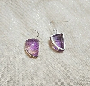 Natural Carved Ametrine Dangle 925 Sterling Silver Earrings / Anniversary Gift - Picture 1 of 2