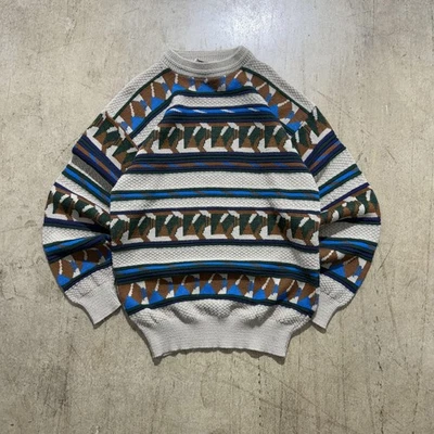 Vintage Sears Roebuck Sweater Mens Gray Geometric Aztec Knit Crewneck Raglan 90s - Image 1 of 4