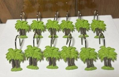 JUEGO 12 Ganchos para Cortina de Ducha Metal Resina Palmeras Verde Lima/Marrón Playas Foto 1 de 4