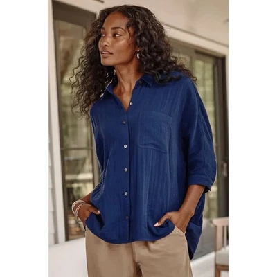 NWT J. JILL Women's 100% Cotton Tunic Top 3/4 Sleeve Button Front Blue Sea Sz S - Image 1 of 4