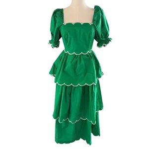 English Factory XS Kelly Green Scalloped Tiered Puff Sleeve Dress Cottagecore - Picture 1 of 10