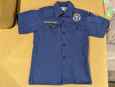 Boy Scouts of America BSA Youth Shirt Blue Medium Some Patches Short Sleeve - Image 1 of 4