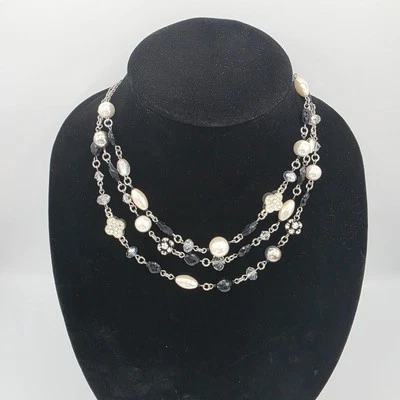 White House Black Market Triple Layer Bead White Black Silver Tone Necklace 23" - Image 1 of 4