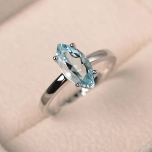 1.50Ct Marquise Cut Lab-Created Aquamarine Engagement Ring 14K White Gold Plated - Picture 1 of 5