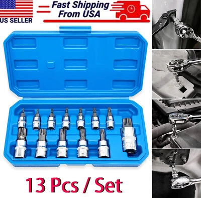 13PCS Drive Torx Bit Socket Set 1/4" 3/8" 1/2" T8-T70 Star Bit Socket Set Tool - Image 1 of 4