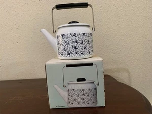 Vintage Porcelain Enamel On Steel Teakettle 1qt Floral White Blue JC Penny Japan - Picture 1 of 20