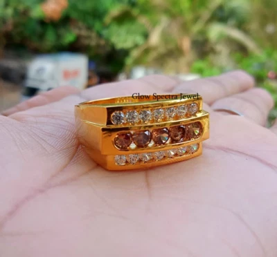 3 Ct Round Simulated Brown Diamond Men's Engagement Ring 14k Yellow Gold Plated - Image 1 of 4