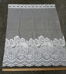 90s Barn Country Scene Lace Curtain Border Valance Panel Fabric Cream 28 x 36 - Picture 1 of 4