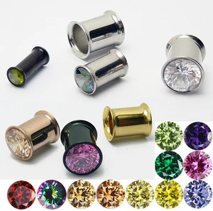 2x Flesh Tunnel Zirkonia Stein Ohr Plug Piercing Double Flared Edelstahl Tube - Picture 1 of 3