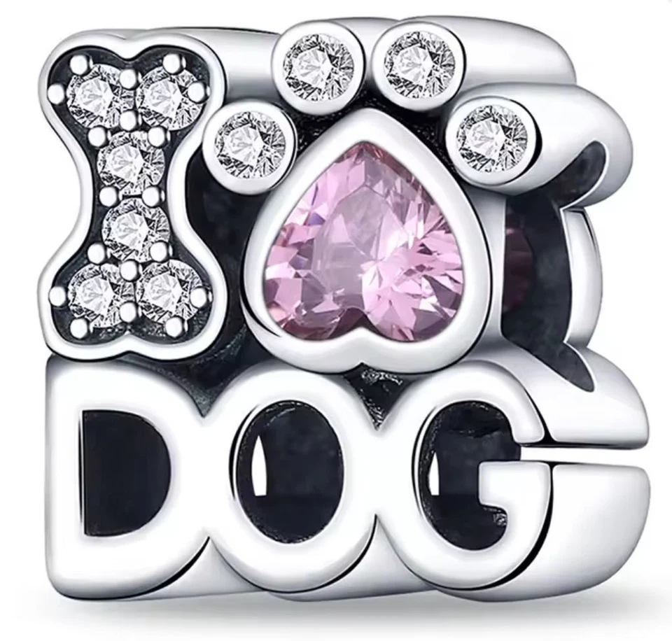 ✨ I ❤️ Dije de plata PERRO - Diseño de pata y hueso rosa - Compatible con pulseras PDR Foto 1 de 1