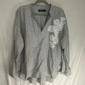 Lauren Ralph Lauren Linen Womens XXL Gray Embroidered Betzin Pinstriped Top - Picture 1 of 9