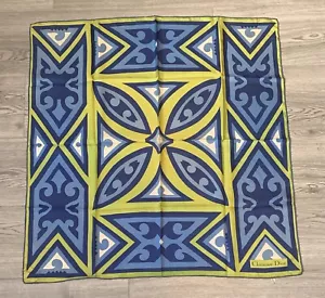 CHRISTIAN DIOR BLUE YELLOW PATTERNED SILK made In France Scarf BS455 - Picture 1 of 12