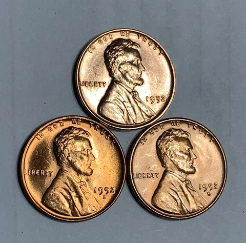 BU Red Gem 1952 P D S Lincoln Wheat Cent  3 Penny Set Superb Looking Coins Cover