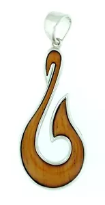 925 Sterling Silver Natural Hawaiian Koa Wood Pendant - 20mm Swirl Fish Hook - Picture 1 of 1