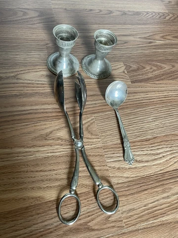 Vintage Sterling Plate Candlesticks, Salad Server Tongs, And Ladle Cover