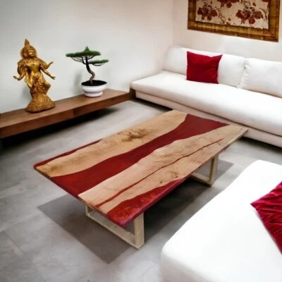 Red Epoxy Resin River Wooden Dining & Sofa Table Top, Handmade Furniture Decor - Image 1 of 4