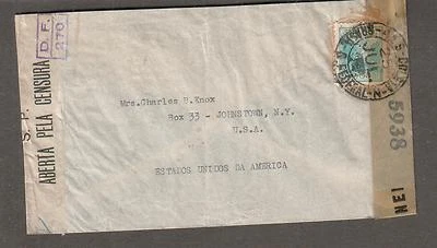 July 1944 WWII Brazil DF 270 & US 5938 NY censor cover Rio de Janiero to NY - Image 1 of 2