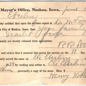 1939 Nashua, Iowa Cuarentena Liberación Papel Fiebre Escarlata City Health Officer C44 - Imagen 1 de 3