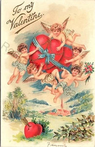 Vintage 1911 Valentinstag Postkarte junge Cherubs Amor Führer Herzen über Kirche... - Bild 1 von 3
