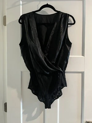 VTG LUCIE ANN II Bodysuit Size L Satin Plung  with Black Lace Nylon 80’s - Image 1 of 4
