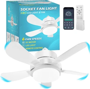 Socket Fan Light with Remote, Screw Ceiling Fans with Lights, 5 Reversible Blade - Picture 1 of 12