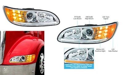 一对镀铬投影车头灯带 LED DRL 和转向信号适用于 Peterbilt — 第 1/4 张图片