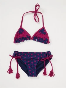 ROXY Bikini Set Girls 14 16 Blue Pink Polka Dots Fringe Top Tie 2 Pcs Junior - Picture 1 of 2