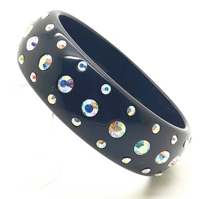 Chunky black round Lucite acrylic clear ab rhinestone fashion bangle bracelets - Image 1 of 4