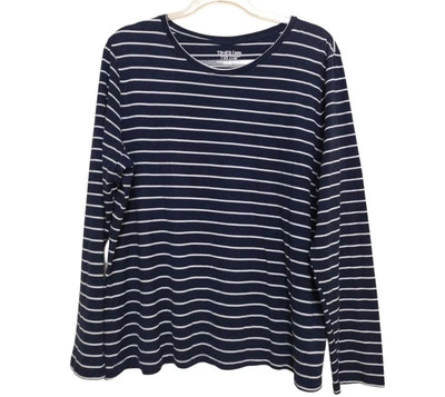 Time & Tru Top Feminino XXXL (22) Listras Brancas Marinho Manga Comprida Boho Travel - Imagem 1 de 4