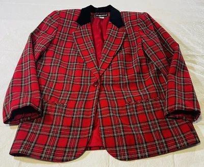 Blazer vintage Sag Harbor para mujer 12 rojo chaqueta de lana a cuadros cuello terciopelo bolsillos Foto 1 de 4