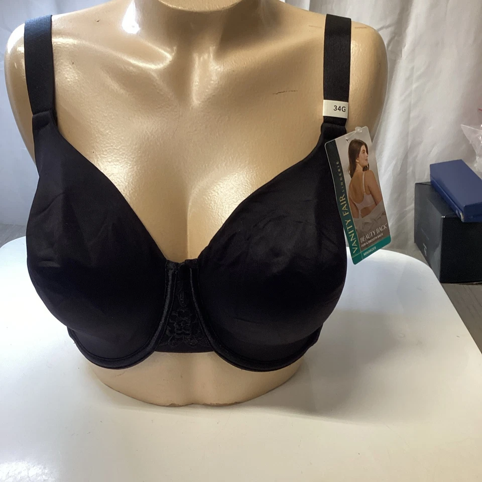 Vanity Fair Midnight Black Beauty Back Smoothing Minimizer Bra US 34g UK 34f