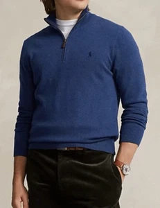 NWT Polo Ralph Lauren Men’s Washable Wool Cashmere 1/4 Zip Blue Pullover Sz XLT - Picture 1 of 16