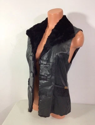 Leather Fur Trim Vest Womens Small - Image 1 of 4