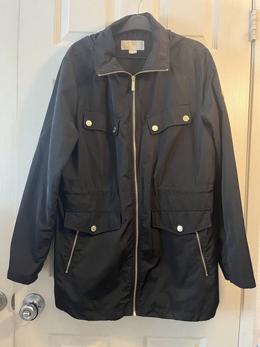 MICHAEL KORS Trench Cappotto Donna MK con Cappuccio Nero Poliestere Oro Logo Taglia L