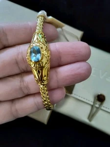 DEVATA BLUE Stone 18K Gold Plated Sterling Silver Wheat Bracelet .925 Sz L - Picture 1 of 5