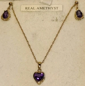Hallmarked 375 9ct Yellow Gold Genuine Amethyst Drop Necklace & Earrings Set. - Picture 1 of 4