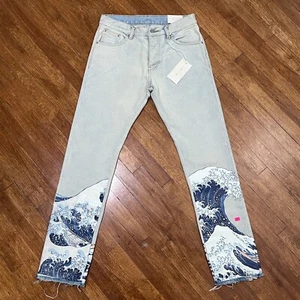 Pantalones de mezclilla MNML para hombre 30x34 azul Japón gran ola BFly Distress puño crudo nuevos con etiquetas - Imagen 1 de 17