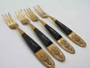 Sitting Buddha SIAM Salad/Dessert Fork 4 Gold Bronze Water Buffalo Horn Handles - Picture 1 of 4