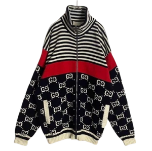 Gucci GG Jacket Jacquard Cotton Knit Multicolor Logo Striped Blouson Size L Men - Picture 1 of 4