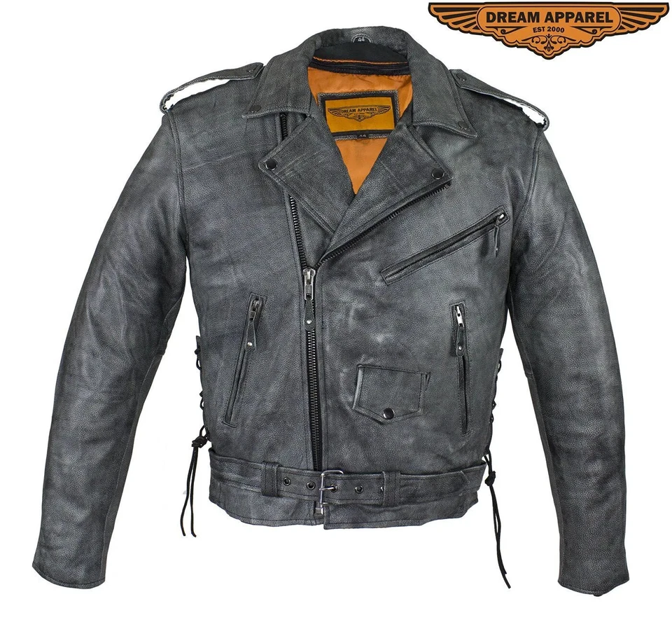 Chaqueta de cuero gris envejecido para hombre motociclista corredor bolsillos ocultos Foto 1 de 4