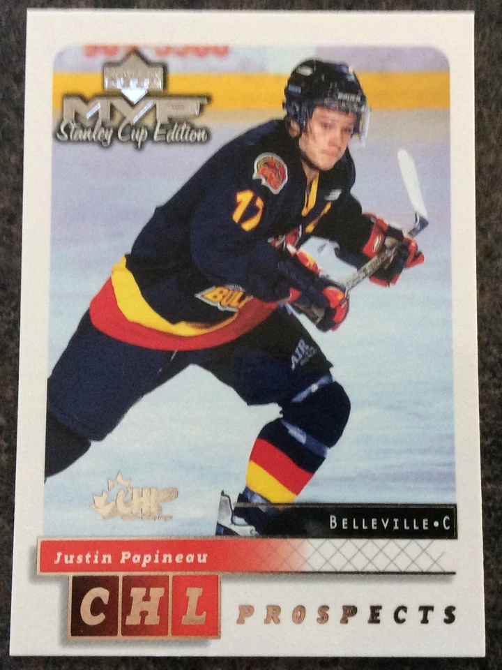 1999-00 JUSTIN PAPINEAU UD MVP STANLEY CUP EDITION PROSPECTS SILVER SCRIPT #216 - Image 1 of 1