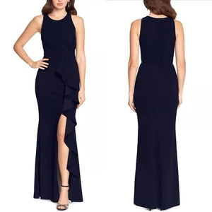 NEW BETSY & ADAM Colby NAVY Scuba CREPE Ruffle HIGH SLIT Evening Dress GOWN 4 - Picture 1 of 14