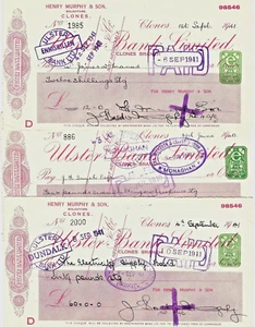 CHEQUES. LOT OF SIX DIFFERENT IRISH TOWN CANCELLED CHEQUES. 1940-1941. (LOT43) - Picture 1 of 2