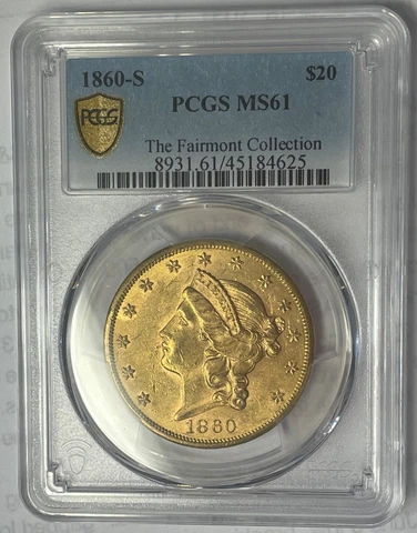 1860-S $20 MOTTO, PCGS MS 61 LIBERTY DOUBLE EAGLE; FAIRMONT COLLECTION, X-RARE!! Cover