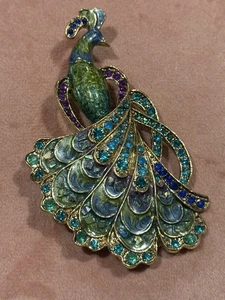 Liz Claiborne Vintage Peacock Brooch Enamel Rhinestones Costume Jewelry Rare - Picture 1 of 6