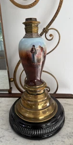 antique ceramic farm scene oil lamp based with silver mounts - Picture 1 of 9