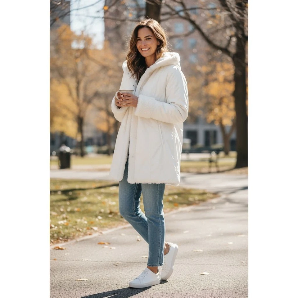 Abrigo reversible con capucha blanco Dennis by Dennis Basso piel de conejito sintético para mujer M  Foto 1 de 4