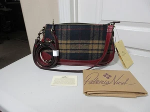 NUEVO PATRICIA NASH NOVA TARTÁN LANA AZUL MARINO con ribete de cuero granate nuevo con etiquetas - Imagen 1 de 11