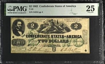 1862 T-43 $2 The Confederate States of America Note  PMG VF 25 - Image 1 of 2