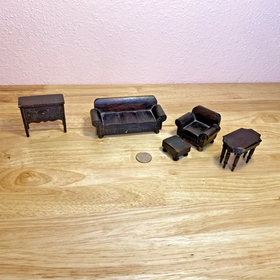 Vintage KAGE/Strombecker(?) Juego de salón de madera marrón para casa de muñecas 5 piezas Foto 1 de 4